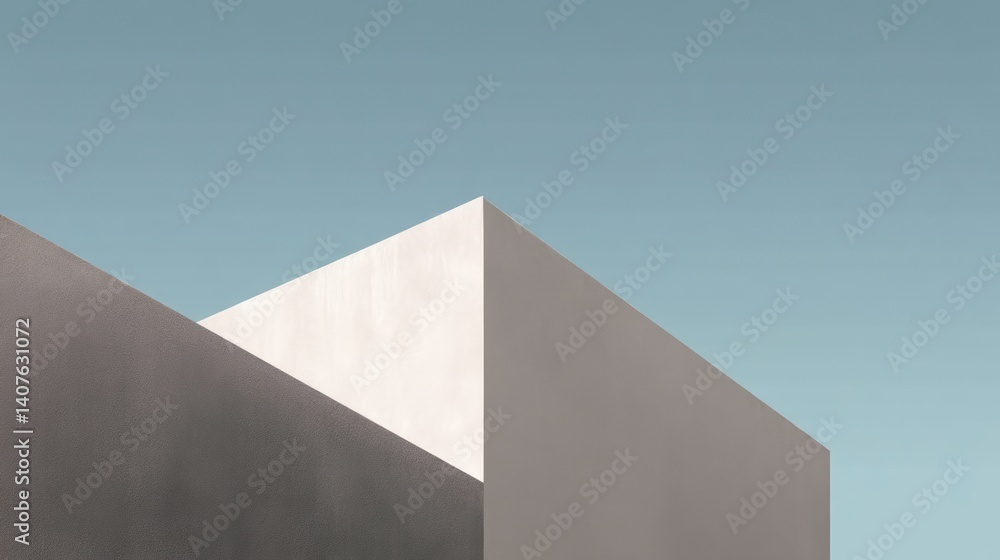 A minimalist architectural design features two angular structures against a clear sky, highlighting clean lines and contrasting textures, Modern Minimalist Architecture. A minimalist architectural design features two angular structures against a clear sky, highlighting clean lines and contrasting textures, Modern Minimalist Architecture.