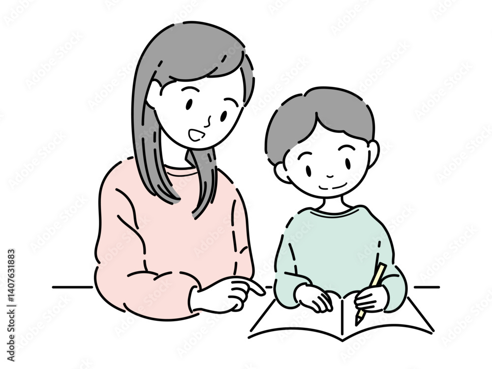 勉強を教えるお母さんと男の子のイラスト