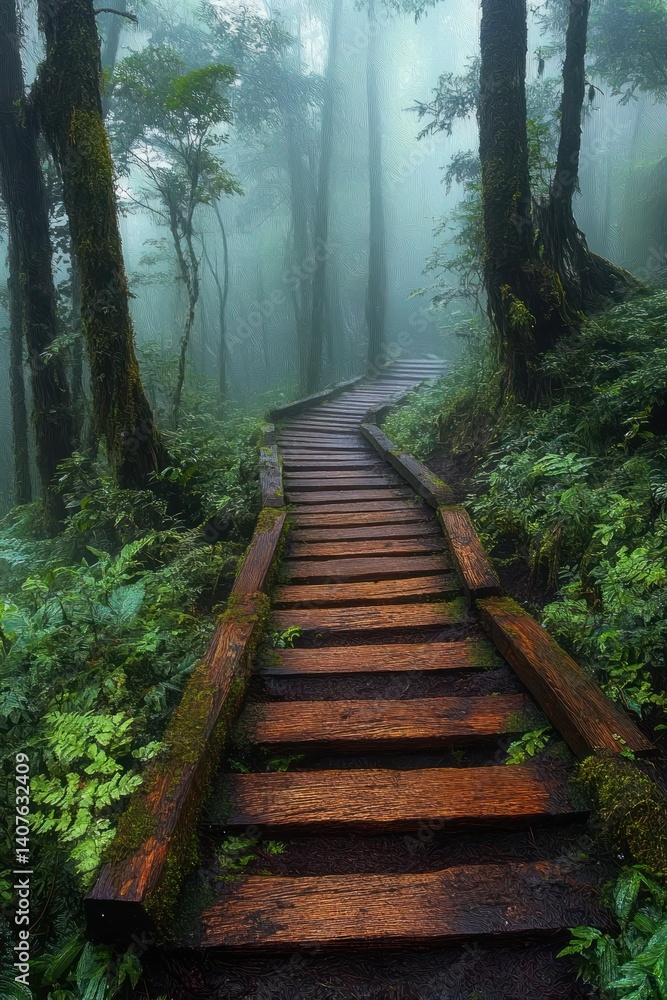 Obraz premium Misty Forest Pathway Through Green Foliage in Doi Inthanon National Park Thailand