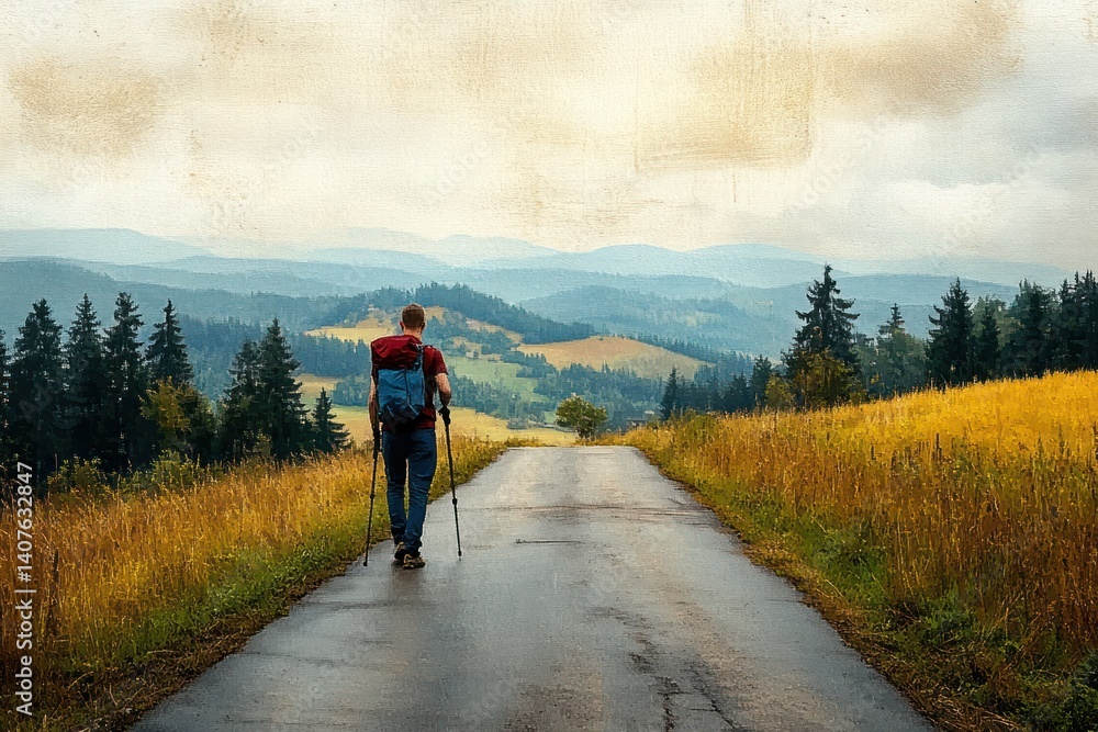 Obraz premium Hiker on Paved Road in Countryside Landscape on a Summer Day