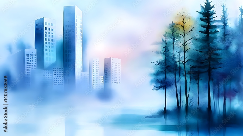 Fototapeta premium Blue Cityscape Watercolor, Misty Urban Scene - Watercolor art