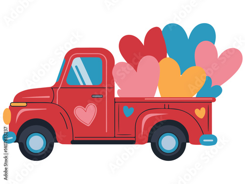 vintage red truck hearts valentine isolated vector illustration on white background