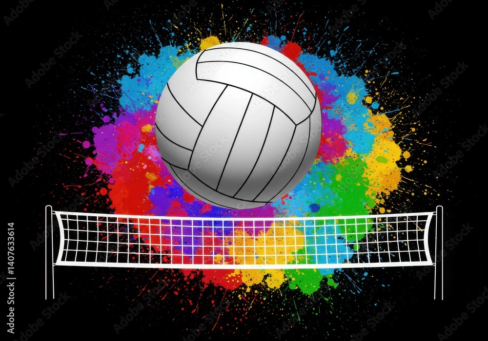 A volleyball above a net with a colorful splatter background on a stark black background scene A volleyball above a net with a colorful splatter background on a stark black background scene