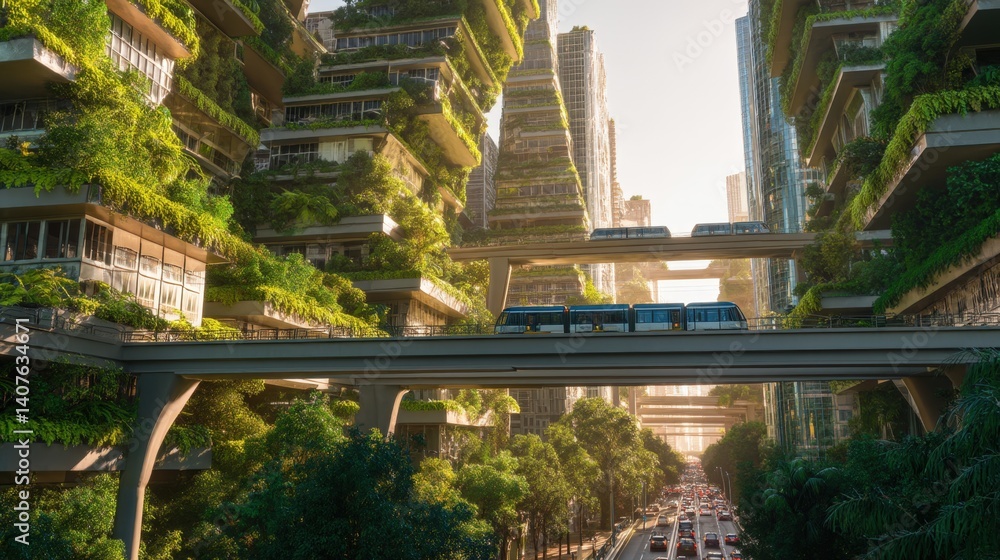 Fototapeta premium Eco-Friendly Vertical Gardens on Modern Skyscrapers with Solar Panels and Green Skybridges, Electric Tram Commuting Below in Golden Hour Sustainable Cityscape