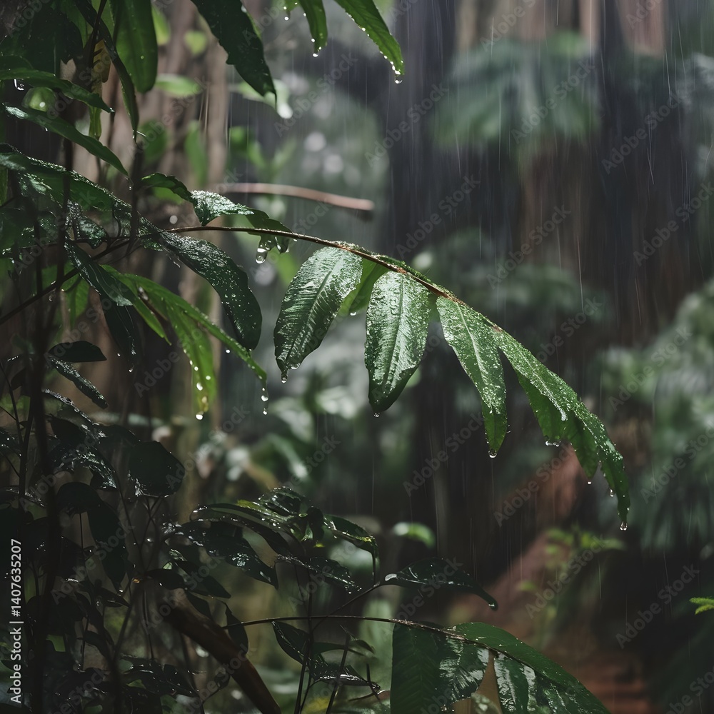 Fototapeta premium Lush Rainforest Leaves Covered in Raindrops.rain in the forest.nature view. nature. 