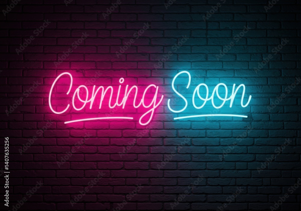 Obraz premium Coming soon neon sign on a brick wall with pink and blue lights in a dark environment setting