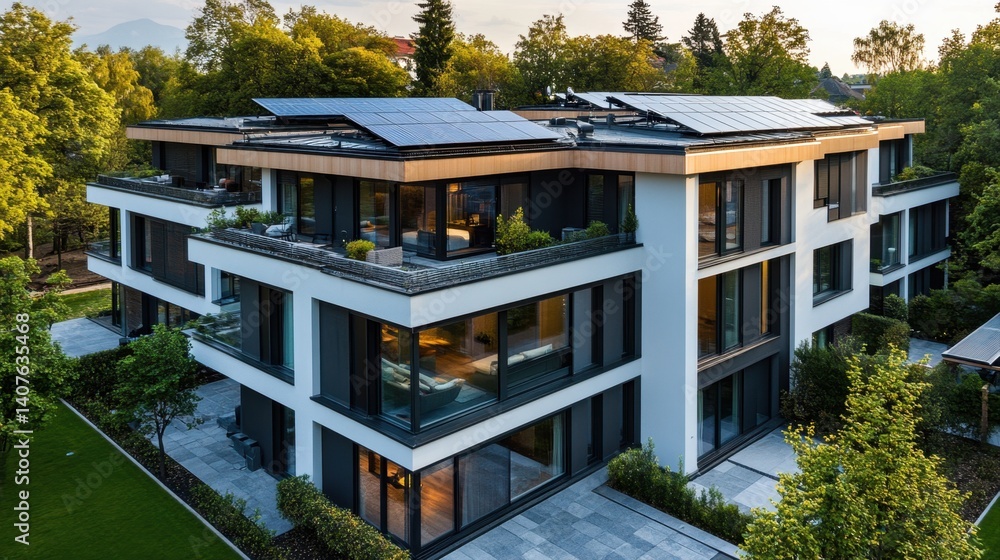 Fototapeta premium Modern architecture with solar panels on contemporary residential building surrounded by lush greenery