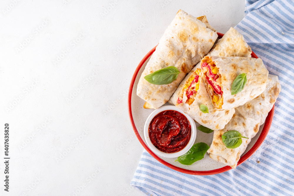 Homemade oven baked Pizza Burritos, pizza style quesadilla wraps with pepperoni or salami, tomatoes, cheese and corn, on kitchen table with hot tomato sauce, copy space Homemade oven baked Pizza Burritos, pizza style quesadilla wraps with pepperoni or salami, tomatoes, cheese and corn, on kitchen table with hot tomato sauce, copy space