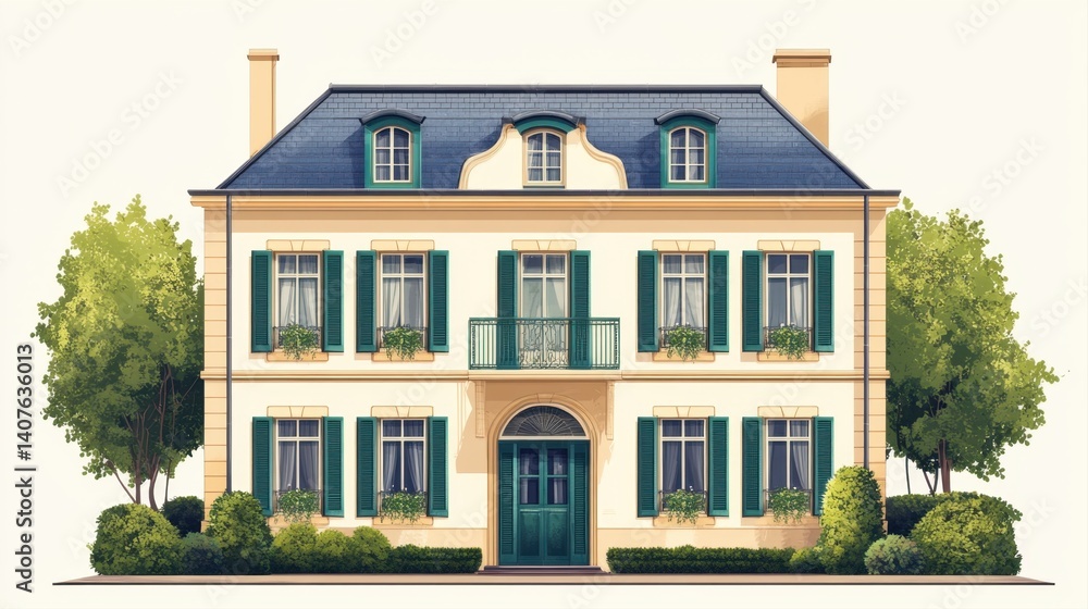 Elegant two-story house with green shutters and landscaped garden in a serene setting showcasing classic architecture Elegant two-story house with green shutters and landscaped garden in a serene setting showcasing classic architecture
