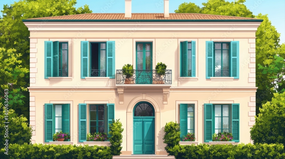 Elegant two-story house with green shutters and balcony surrounded by lush greenery and flower pots in bright daylight Elegant two-story house with green shutters and balcony surrounded by lush greenery and flower pots in bright daylight
