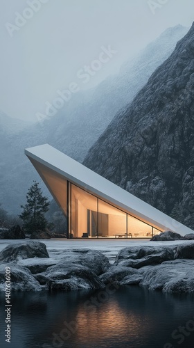 Modern triangular house nestled in snowy mountains.