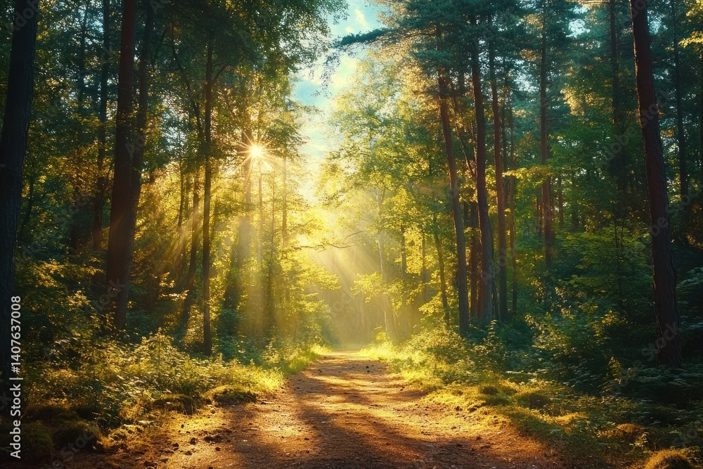 Fototapeta premium Sunlit Forest Pathway in Summer with Dappled Light and Serene Atmosphere