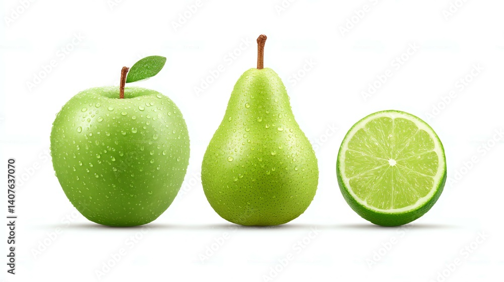 Vibrant photo-realistic fruit set of three fruits isolated on white A vibrant display of fresh green fruits: an apple, pear, and lime showcasing their natural textures. Vibrant photo-realistic fruit set of three fruits isolated on white A vibrant display of fresh green fruits: an apple, pear, and lime showcasing their natural textures.