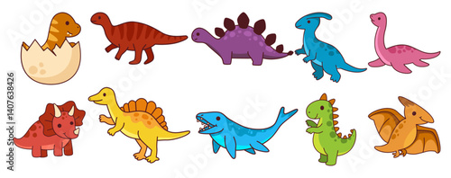 Illustration of various cute cartoon dinosaurs, ideal for kids designs