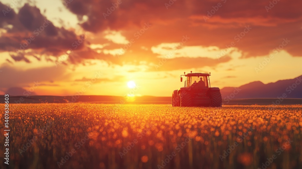 Fototapeta premium A tractor is silhouetted against a vibrant orange and yellow sunset sky. Ideal for illustrating agriculture, farming, or rural landscapes.