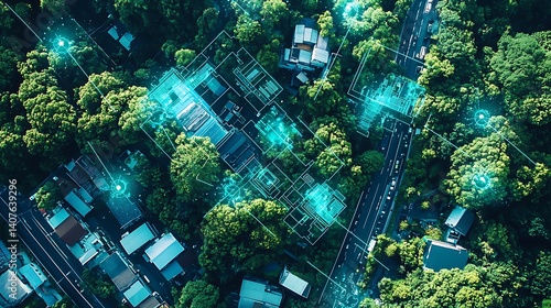 Aerial View of Urban and Forest Area with Digital Overlay and Green Technology Concept