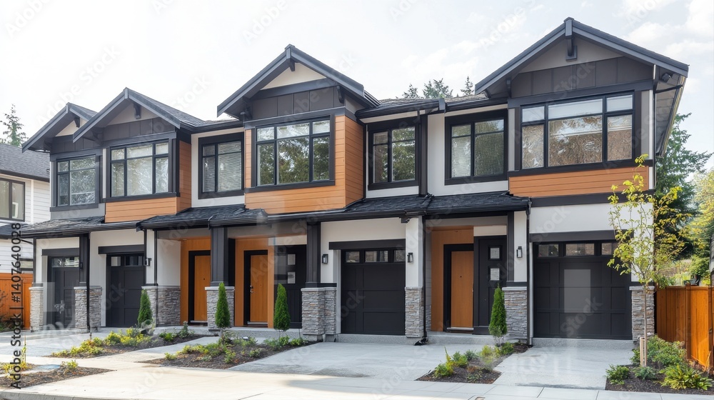 Modern townhouse complex with elegant architecture, spacious driveways, and contemporary landscaping in sunlight Modern townhouse complex with elegant architecture, spacious driveways, and contemporary landscaping in sunlight