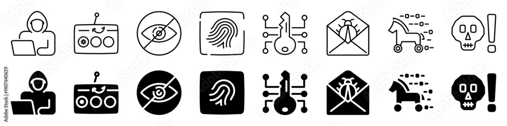 Obraz premium Cyber security and hacking icon. Including hacker set. Linear and silhouette style.