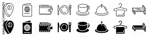 Travel service and hospitality icon set. Linear and silhouette style.