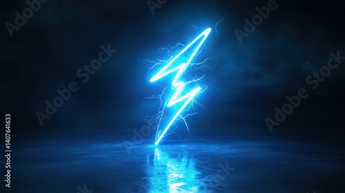 Neon lightning bolt in dark, reflective space