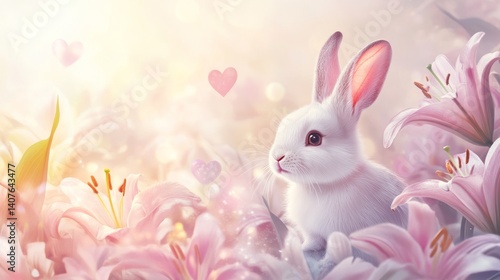 Easter decoration handmade crafts seasonal centerpieces. Charming White Rabbit Amidst Pink Lilies and Floating Hearts A Romantic Easter Springtime Fantasy.