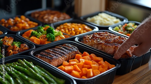 Delicious meal prep with perfectly grilled salmon and colorful roasted vegetables in meal containers : Generative AI