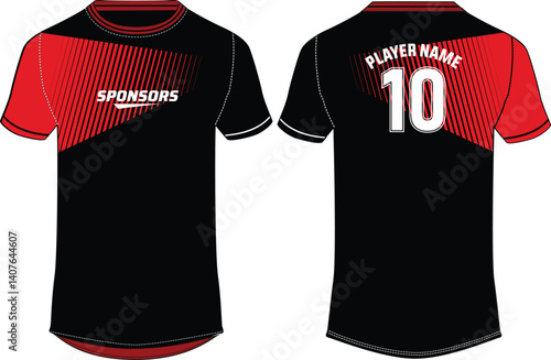 Sports jersey t shirt design concept vector template, degrade line printed Round neck football jersey concept with front and back view for gaming, soccer, Volleyball and e-sport uniform