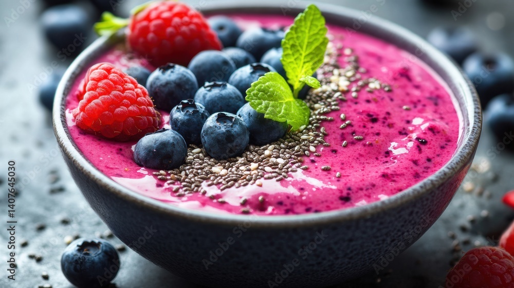 A beautifully arranged smoothie bowl featuring a creamy pink base topped with fresh blueberries, raspberries, chia seeds, and a mint leaf, presented in a rustic bowl. A beautifully arranged smoothie bowl featuring a creamy pink base topped with fresh blueberries, raspberries, chia seeds, and a mint leaf, presented in a rustic bowl.