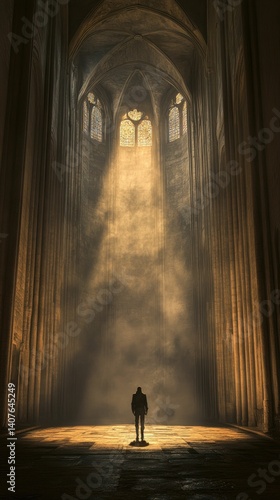 Sole figure bathed in sunlight within ancient hall