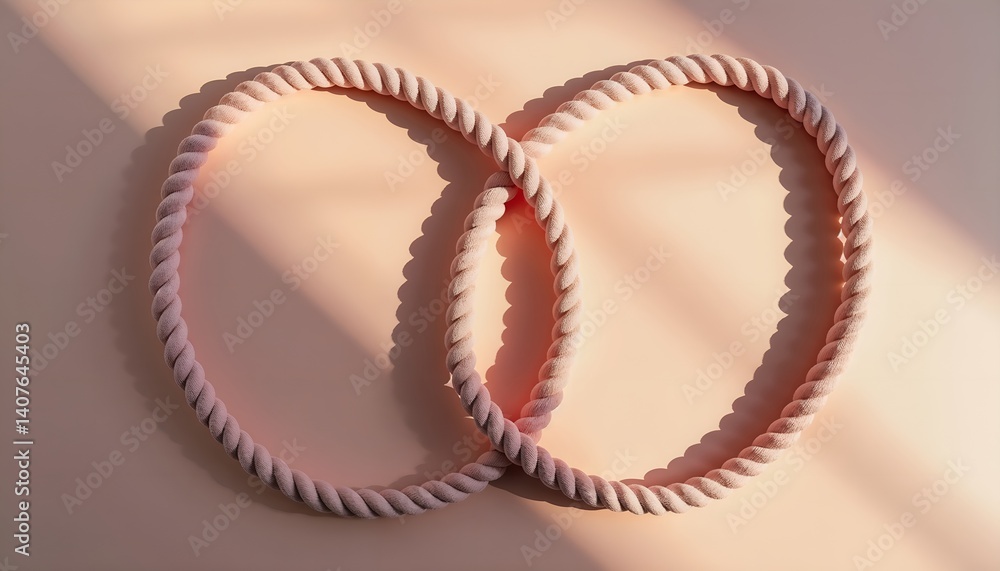 Fototapeta premium Intertwined pale pink rope rings minimalist elegant style representing connection with copy space