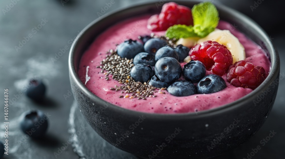 A beautifully arranged smoothie bowl featuring a creamy pink base topped with fresh blueberries, raspberries, chia seeds, and a mint leaf, presented in a rustic bowl. A beautifully arranged smoothie bowl featuring a creamy pink base topped with fresh blueberries, raspberries, chia seeds, and a mint leaf, presented in a rustic bowl.