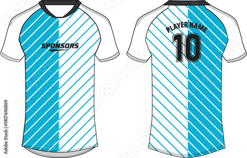 Sports jersey t shirt and shorts kit design flat sketch illustration, Stripe pattern V neck raglan sleeve Football jersey kit concept with front and back view for Soccer, Cricket, Volleyball uniform
