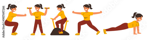 Vector illustration of a woman doing exercise at the gym in flat style, she does various type of exercise. This is great for your project