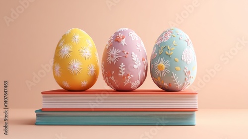 Easter decoration handmade crafts seasonal centerpieces. Decorated Easter Eggs Nestled Atop Stack of Books in Soft Pastel Hues Ready for Holiday Celebration.