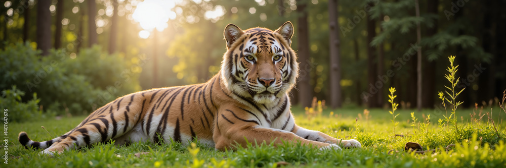 Fototapeta premium Tiger lying on grass in forest at sunset for International Tiger Day 