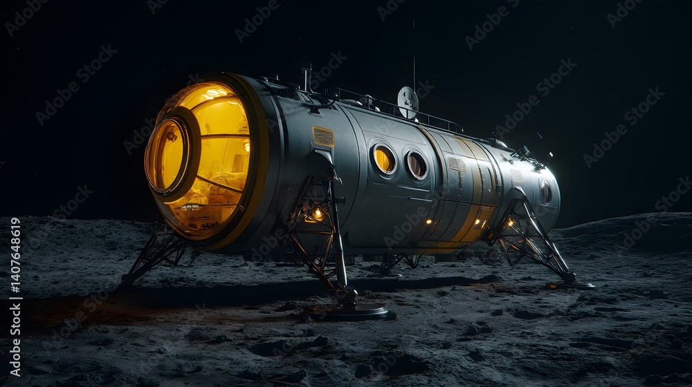 Cylindrical sci-fi habitat module glows with warm yellow light on the Moon's cratered surface, surrounded by a star-filled black sky in cinematic detail. Cylindrical sci-fi habitat module glows with warm yellow light on the Moon's cratered surface, surrounded by a star-filled black sky in cinematic detail.