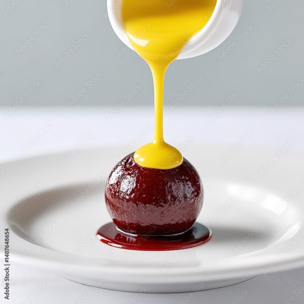 Stunning dessert with gold chocolate sphere, melted with warm sauce in live service setting