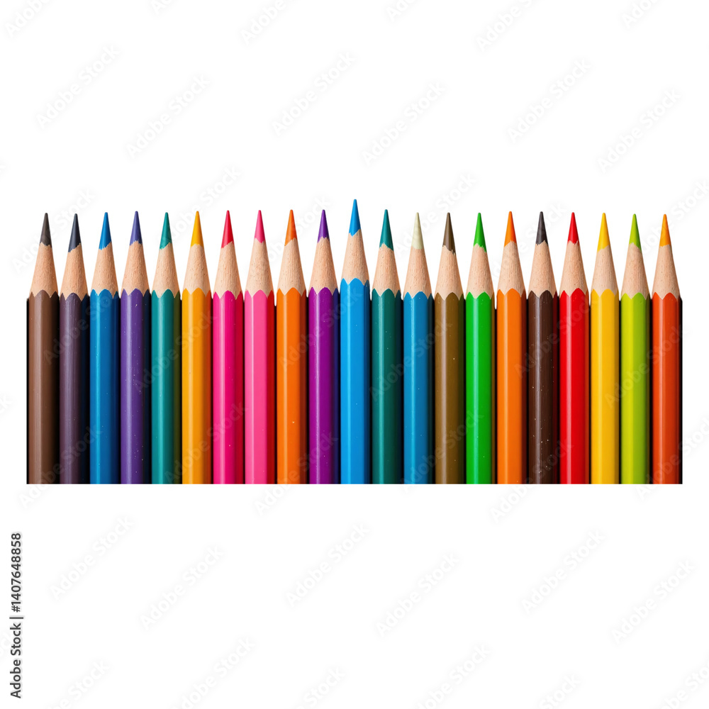Fototapeta premium Colorful set of sharpened colored pencils arranged in a neat row isolated on transparent background