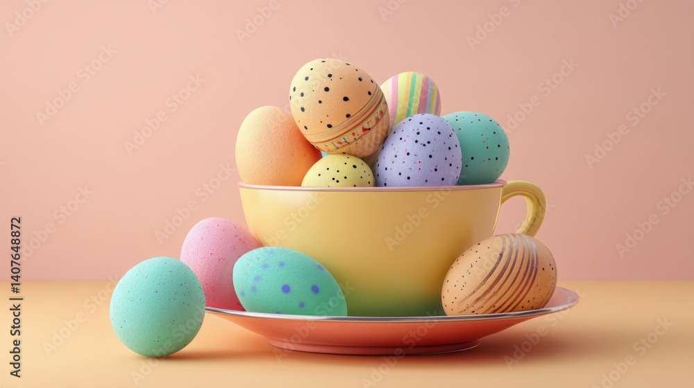 Fototapeta premium Easter decoration handmade crafts seasonal centerpieces. Delightful Easter Egg Display in Cup Charming Pastel Colors Holiday Celebration Still Life.