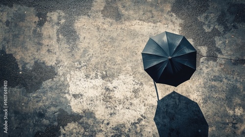 Black umbrella shadows wet ground overhead view