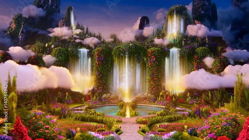Majestic golden gates open to vibrant fantasy garden with cascading waterfalls
