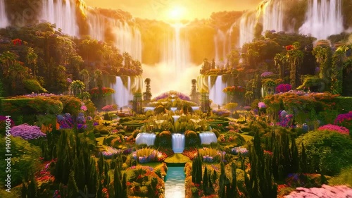 Majestic golden gates open to enchanting garden with cascading waterfalls and vibrant flowers