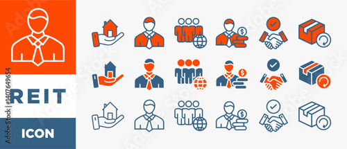 REIT icon set with various styles and colors real estate investment trust with icon of real estate, manager, broker, investor, trust and return