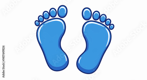 A pair of cartoonish blue footprints, rendered in bold outlines with a glossy, vibrant finish, walk from left to right across a white background. Vector illustration