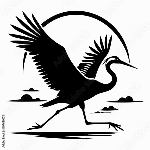 Black and white silhouette of a running crane on a white isolated background. Vector graphics. EPS.