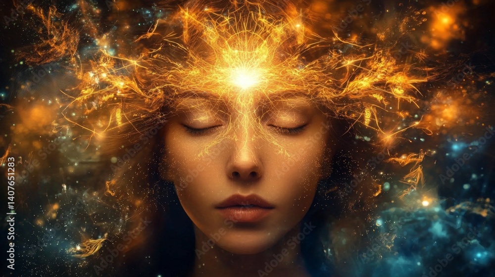 The divine presence radiates around the forehead of a young woman. The divine presence radiates around the forehead of a young woman.