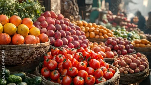 Colorful fruit and vegetable market stall; vibrant display of fresh produce