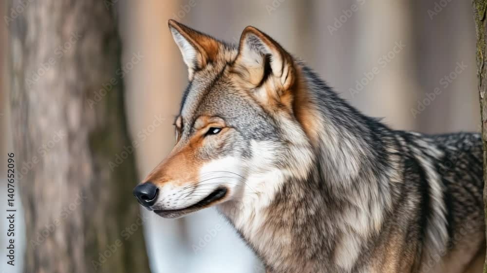 Majestic Wolf Stands Alert in Forest with Piercing Eyes and Ears Perked, Surrounded by Blurred Trees and Soft Background Majestic Wolf Stands Alert in Forest with Piercing Eyes and Ears Perked, Surrounded by Blurred Trees and Soft Background