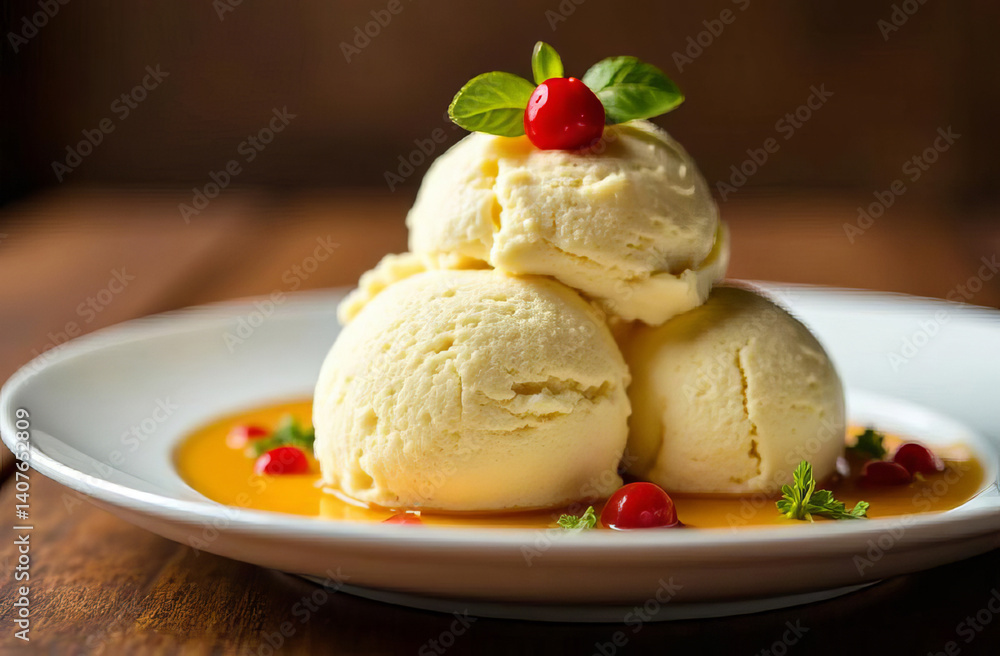 Vanilla ice cream in a bowl. Sweet dessert. Vanilla ice cream in a bowl. Sweet dessert.