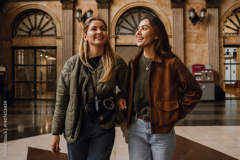 In a train station with tiled flooring, a smiling White lesbian couple in their 20s, a White blonde with braces wearing a green jacket, and an Asian brunette in a brown jacket, walk and look around.